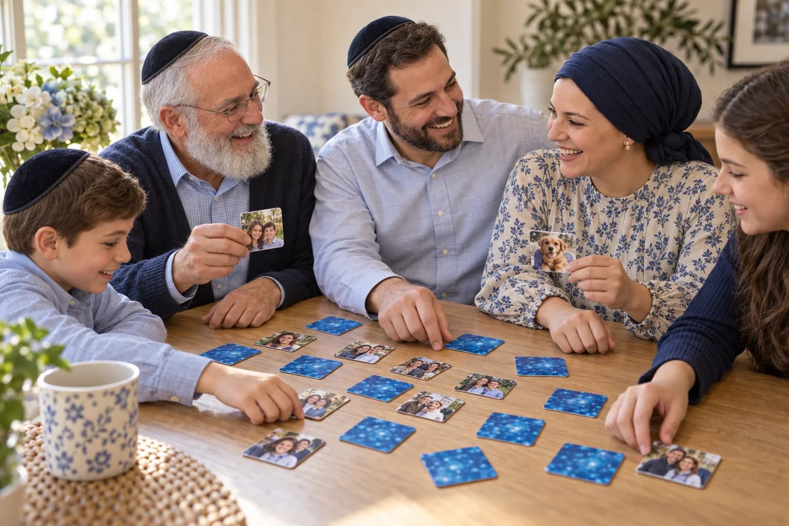 A grandfather, parents, teenager, and child enjoying a photo matching game together around the family table.