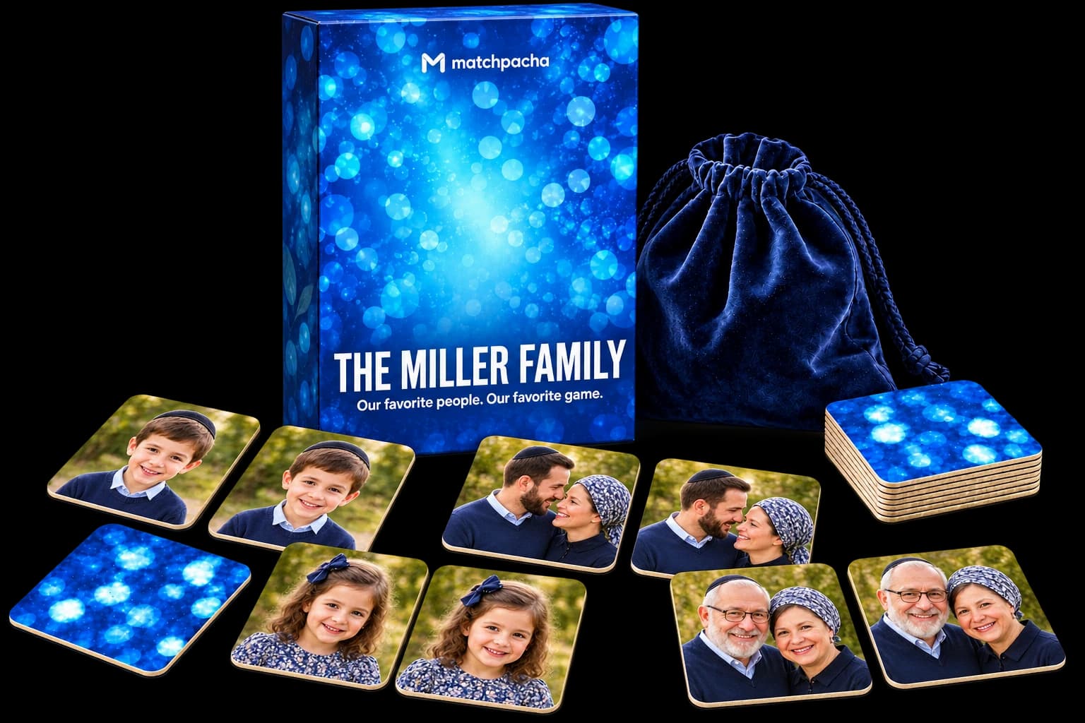 An upright portrait box personalized for the Miller family, with pairs of modern Orthodox Jewish family photo tiles and a navy velvet bag.